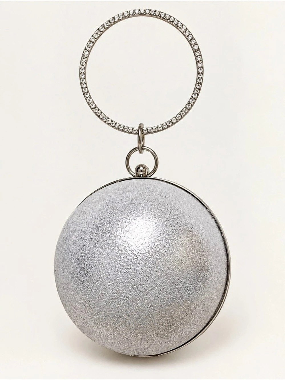 Silver Glitter Ball Clutch Purse Rhinestone Handle with Chain Strap